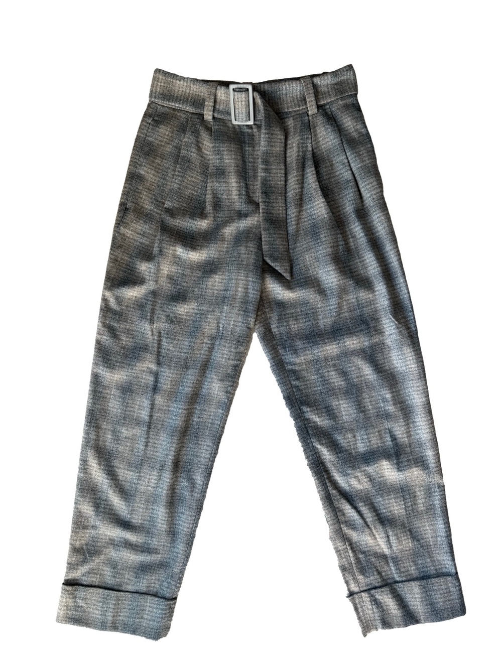 Massimo Dutti Wool Blend Belted Pleated Trousers Gray Plaid Cuffed Sz 4